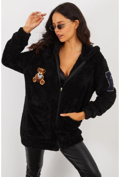 Kadın Siyah Sırt Baskılı Kapüşonlu Peluş Mont BK231123