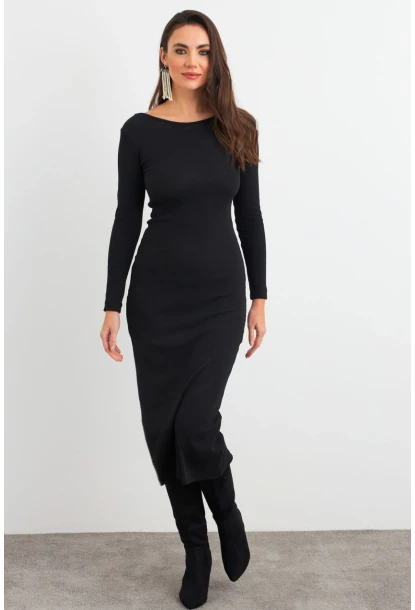 Kadın Siyah Sırt Dekolteli Kaşkorse Midi Elbise EY3029