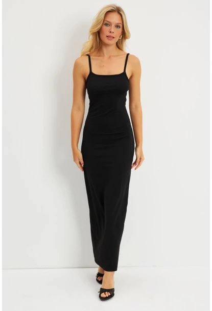 Kadın Siyah Sırt Dekolteli Midi Elbise EY2798