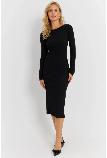 Kadın Siyah Sırt Pencereli Yırtmaçlı Kaşkorse Midi Elbise EY2874