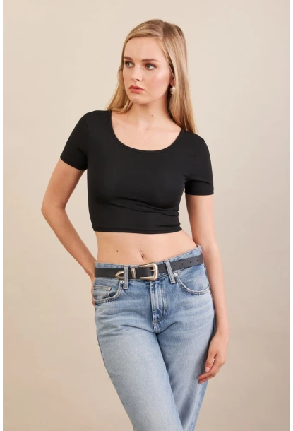 Kadın Siyah Sırtı Açık Crop Bluz AN6038