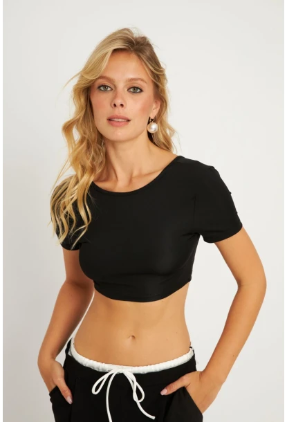 Kadın Siyah Sırtı Açık Crop Bluz CG358