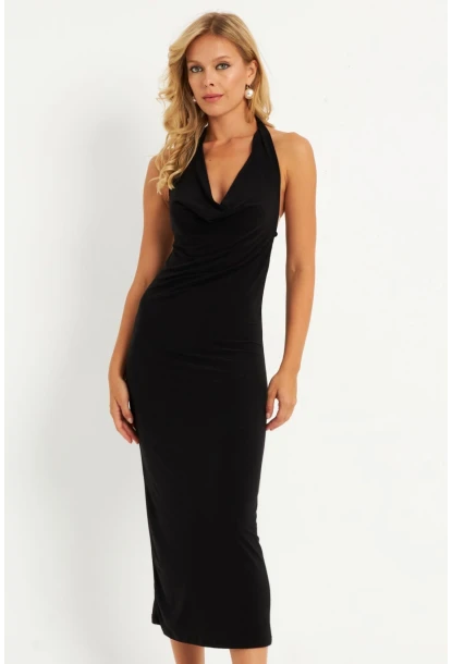 Kadın Siyah Sırtı Açık Degaje Midi Yılbaşı Elbise GÇ177
