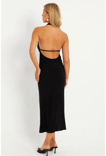 Kadın Siyah Sırtı Açık Degaje Midi Yılbaşı Elbise GÇ177