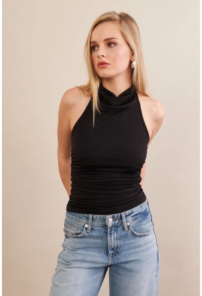 Kadın Siyah Sırtı Açık Drapeli Bluz FRY2314