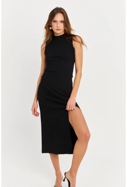 Kadın Siyah Sırtı Açık Fiyonklu Kaşkorse Midi Elbise EY3055
