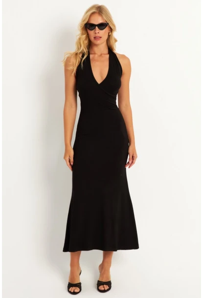 Kadın Siyah Sırtı Açık Kruvaze Midi Elbise EY2841