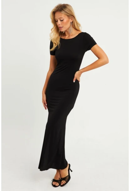 Kadın Siyah Sırtı Açık Maxi Elbise DMR306