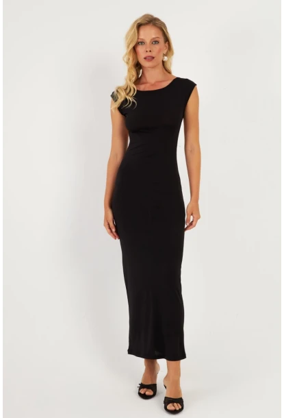 Kadın Siyah Sırtı Açık Midi Elbise DMR345