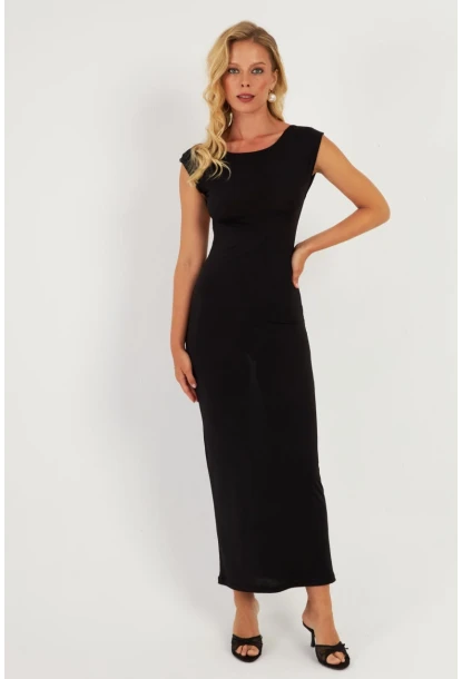 Kadın Siyah Sırtı Açık Midi Elbise DMR345