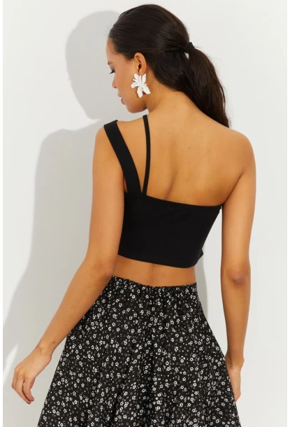 Kadın Siyah Sırtı Çapraz Crop Bluz B2550