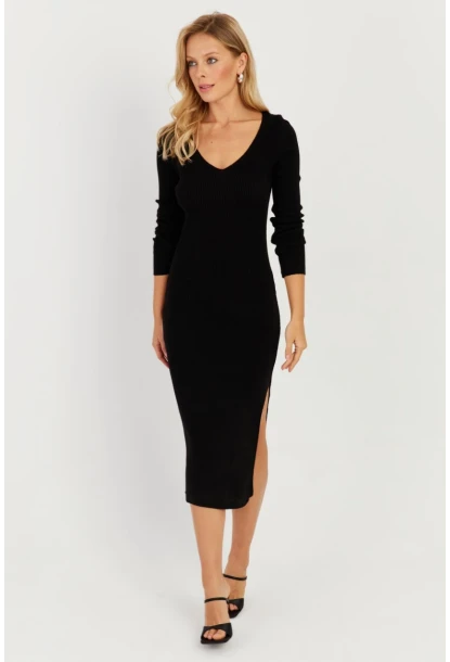 Kadın Siyah Sırtı Çapraz Triko Midi Elbise YZ407