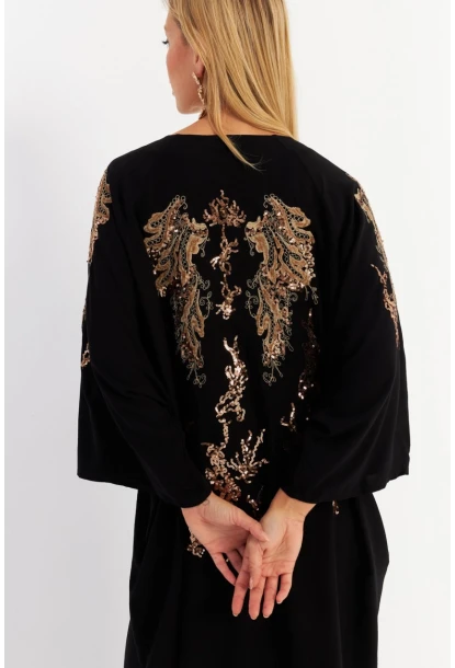 Kadın Siyah Sırtı Nakışlı Düğmeli Maxi Elbise MALO16