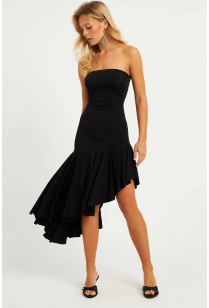 Kadın Siyah Straplez Asimetrik Midi Elbise DMR337