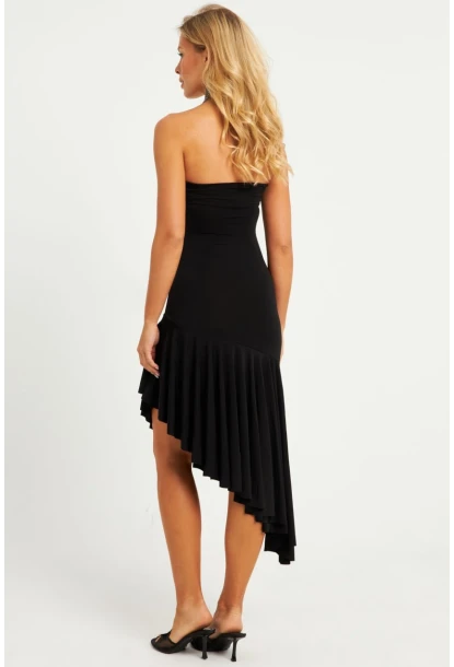 Kadın Siyah Straplez Asimetrik Midi Elbise DMR337