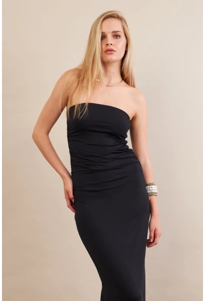 Kadın Siyah Straplez Büzgülü Midi Elbise MX2005