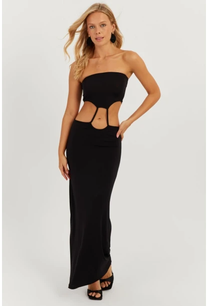 Kadın Siyah Straplez Midi Elbise MEN2037