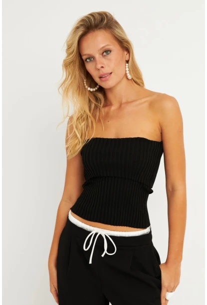 Kadın Siyah Straplez Triko Bluz YV240