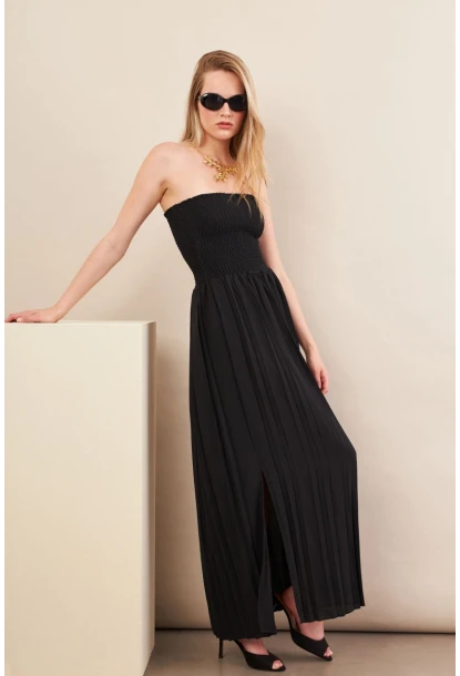 Kadın Siyah Straplez Yaka Midi Elbise MSİ100