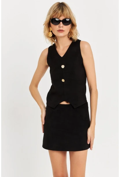 Kadın Siyah Süet Mini Etek KED7095