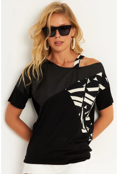 Kadın Siyah Suni Deri Bloklu Bluz ST837