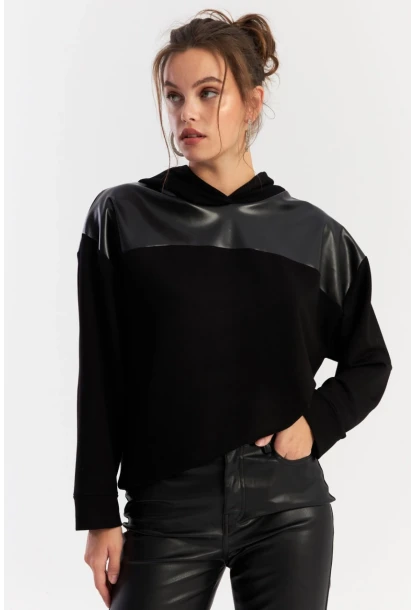Kadın Siyah Suni Deri Bloklu Kapüşonlu Sweatshirt ST838
