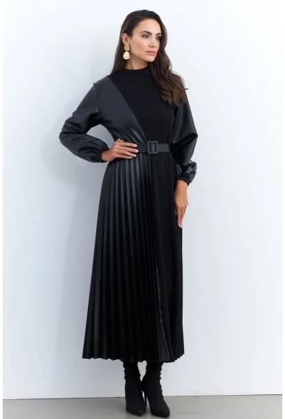 Kadın Siyah Suni Deri Bloklu Pilili Maxi Elbise MALZ100