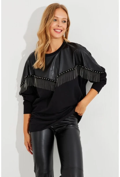Kadın Siyah Suni Deri Bloklu Sweatshirt PKA806