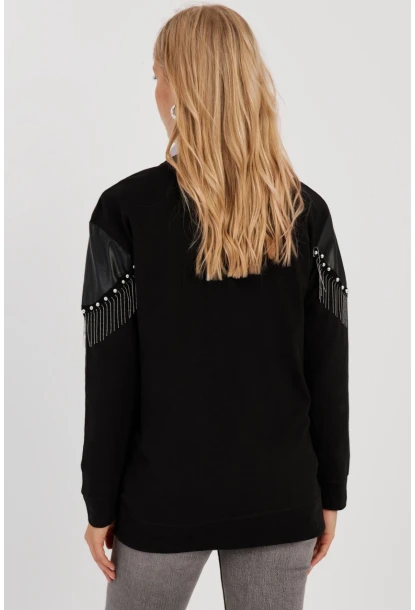 Kadın Siyah Suni Deri Bloklu Sweatshirt PKA807