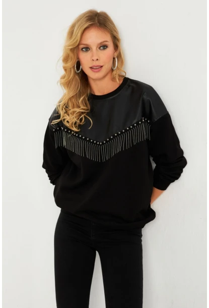 Kadın Siyah Suni Deri Bloklu Sweatshirt PKA808