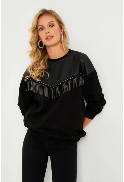 Kadın Siyah Suni Deri Bloklu Sweatshirt PKA808