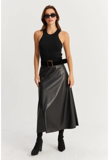 Kadın Siyah Suni Deri Çan Etek ELA113