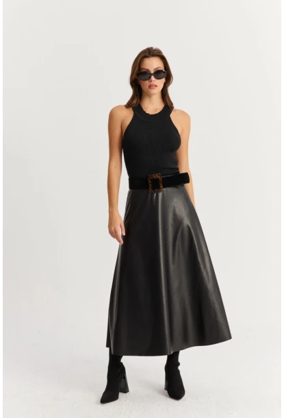 Kadın Siyah Suni Deri Çan Etek ELA113