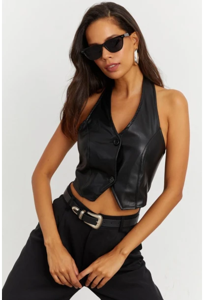 Kadın Siyah Suni Deri Crop Yelek NH41