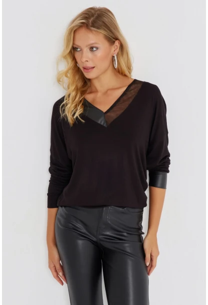 Kadın Siyah Suni Deri Detaylı Salaş Bluz ST827