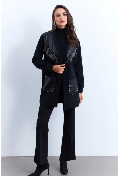 Kadın Siyah Suni Deri Detaylı Zımbalı Hırka MPK809