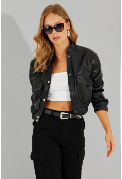 Kadın Siyah Suni Deri Kısa Bomber Ceket LST57