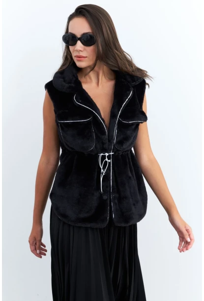 Kadın Siyah Suni Kürk Cepli Yelek MK66