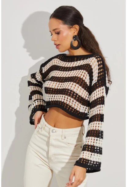 Kadın Siyah-Taş Ajurlu Crop Triko Bluz YV137