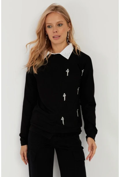 Kadın Siyah Taşlı Bluz MST6024