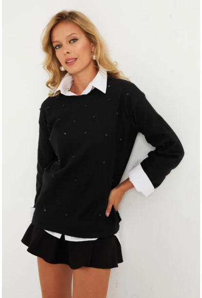 Kadın Siyah Taşlı Bluz YLE41