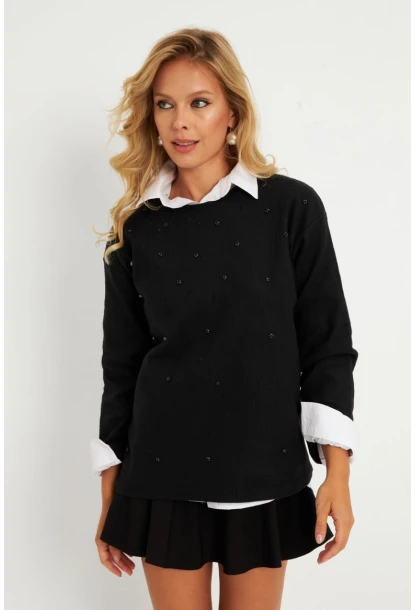 Kadın Siyah Taşlı Bluz YLE41