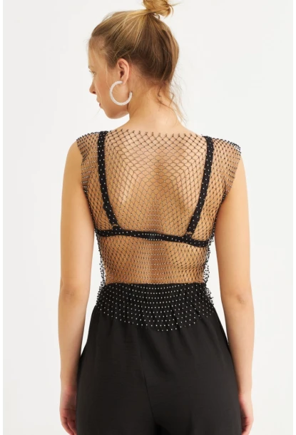 Kadın Siyah Taşlı File Bluz YEL221465