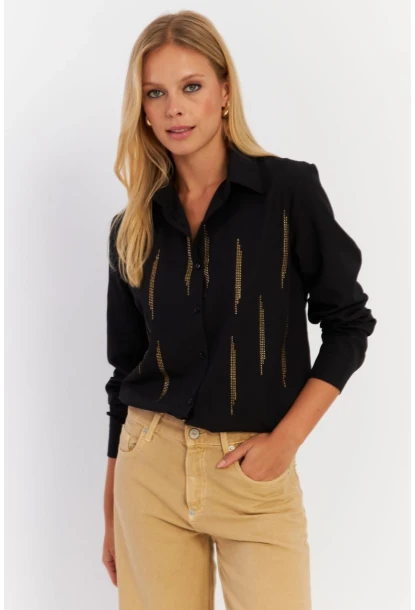 Kadın Siyah Taşlı Gömlek MZER412