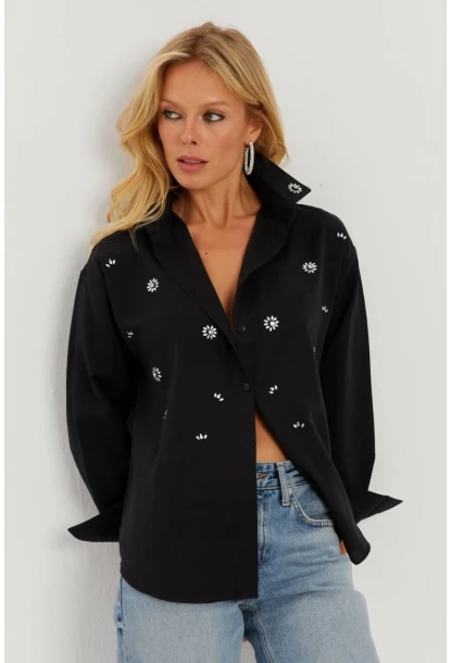 Kadın Siyah Taşlı Gömlek SF2550