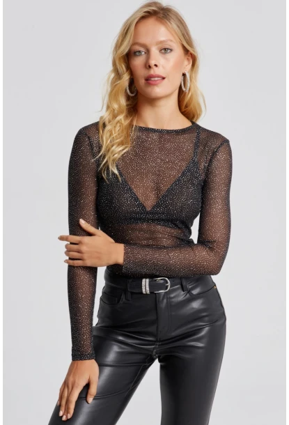 Kadın Siyah Taşlı Tül Bluz LPP1249