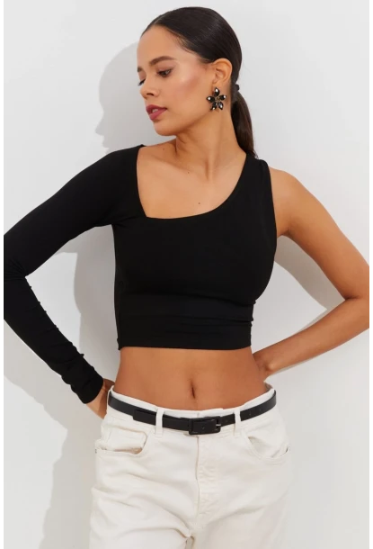 Kadın Siyah Tek Kol Asimetrik Crop Bluz BK1606