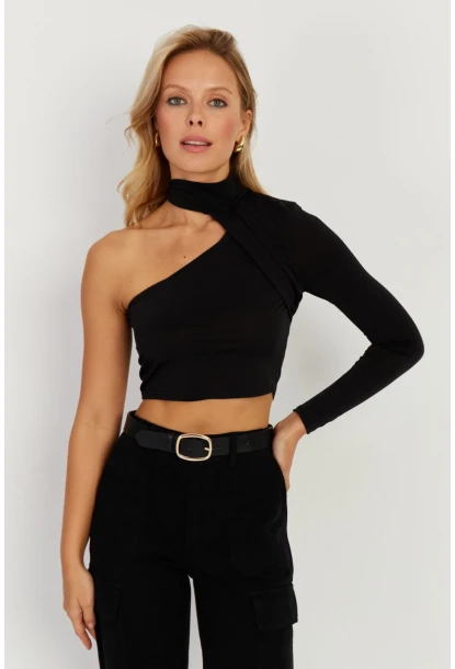 Kadın Siyah Tek Omuz Açık Bluz CY334