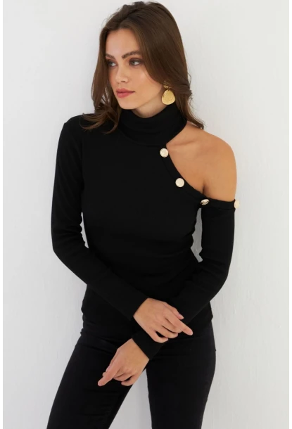 Kadın Siyah Tek Omuz Açık Kaşkorse Balıkçı Bluz EY2947