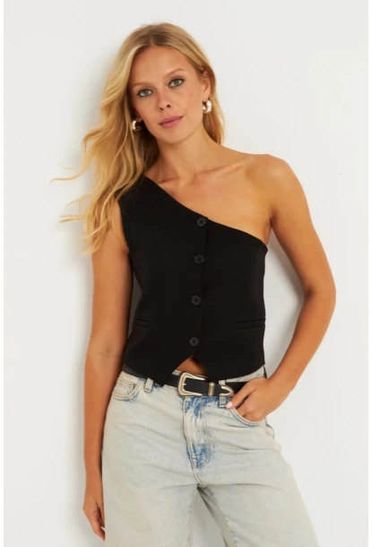 Kadın Siyah Tek Omuz Astarlı Yelek TW60140